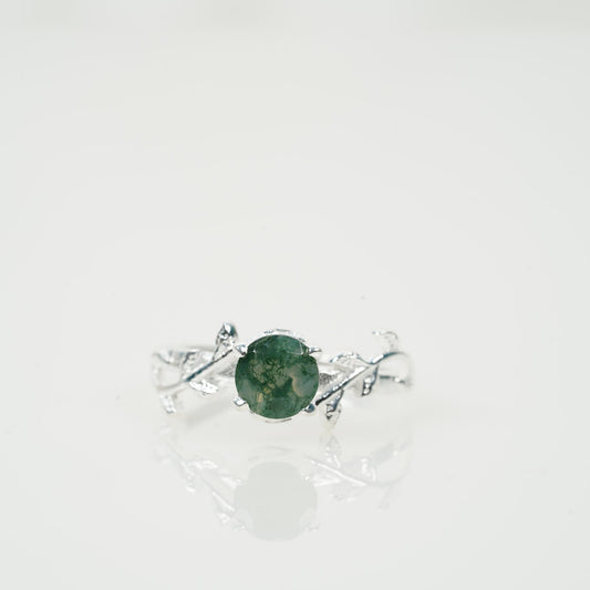 Round Cut Natural Moss Agate Leaf Engagement Ring