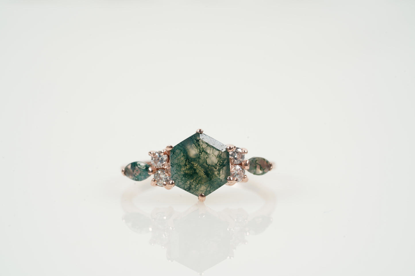 Hexagon Cut Moss Agate Moissanite Cluster Engagement Ring