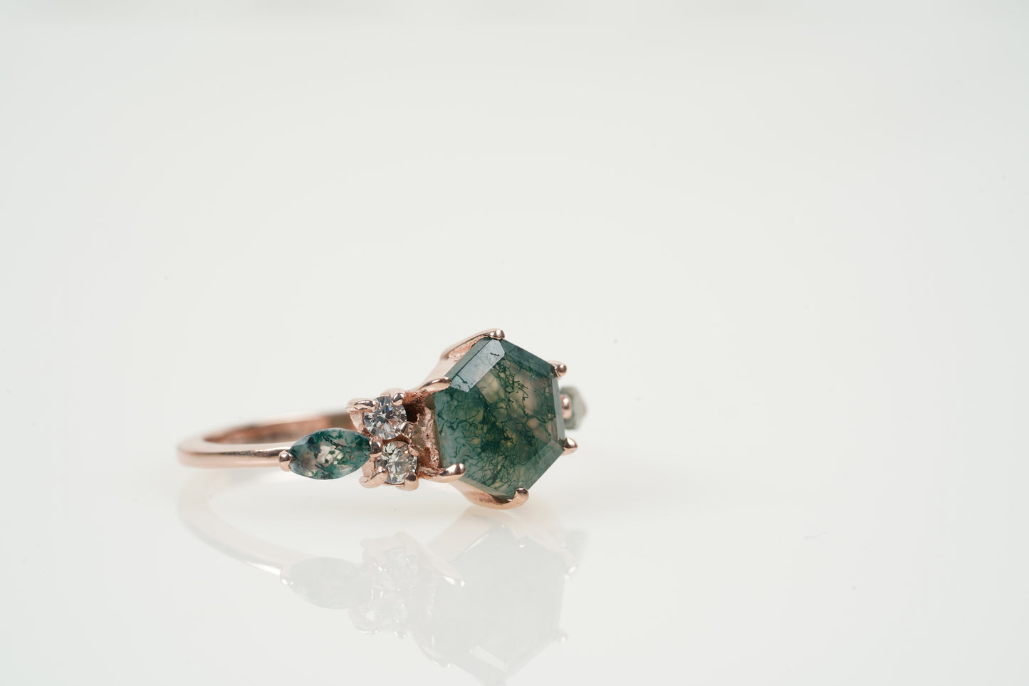 Hexagon Cut Moss Agate Moissanite Cluster Engagement Ring