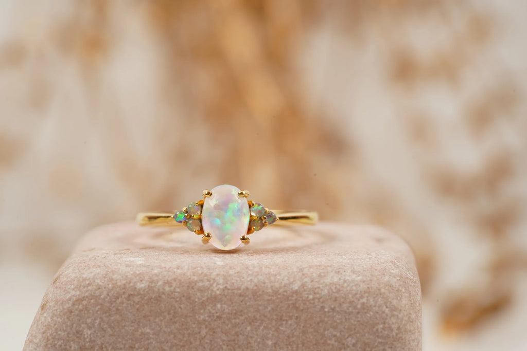 White Opal Oval Cut Engagement Ring October Birthstone - MinimalistJewels