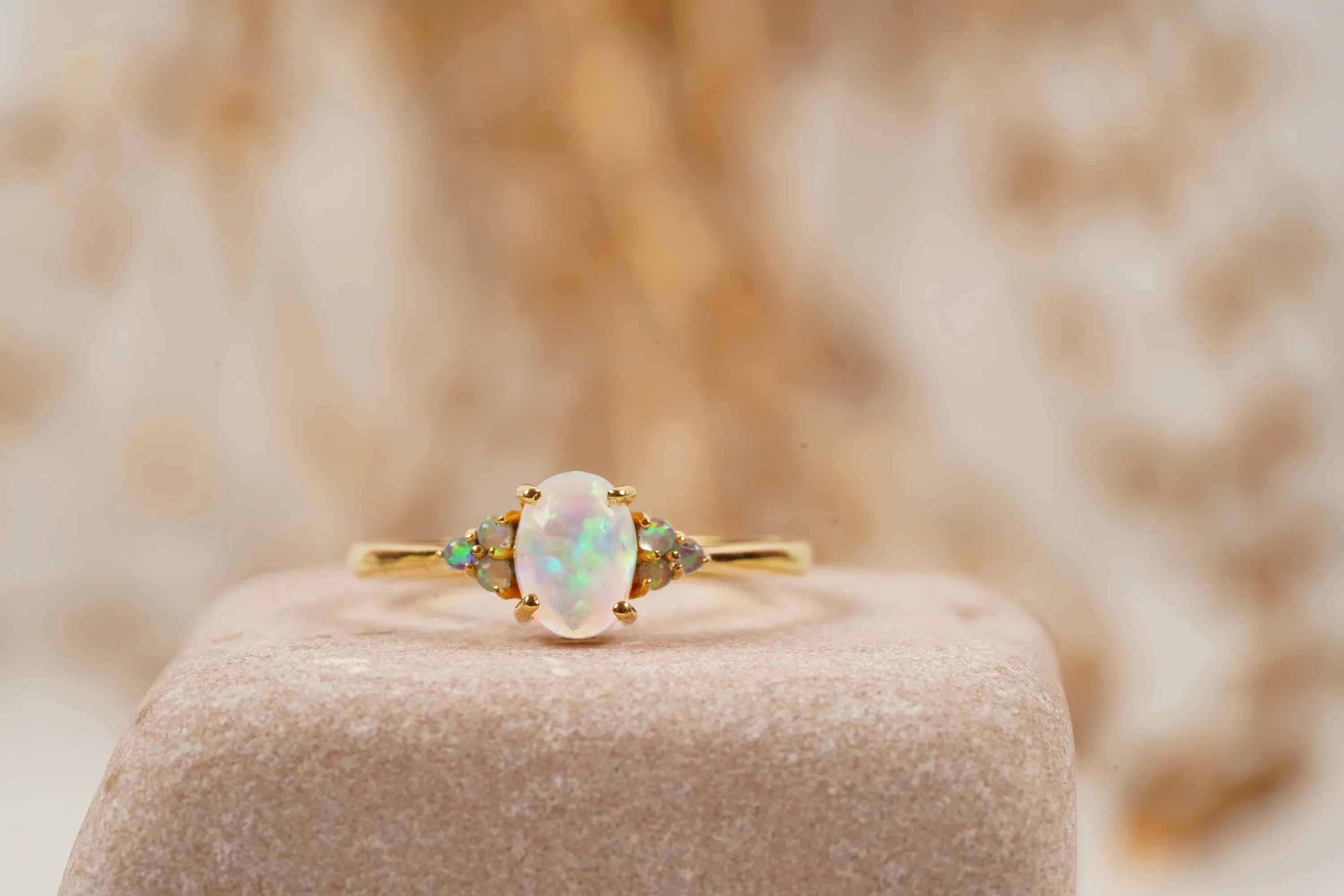 White Opal Oval Cut Engagement Ring October Birthstone - MinimalistJewels