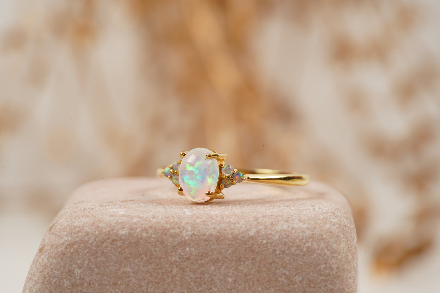 White Opal Oval Cut Engagement Ring October Birthstone
