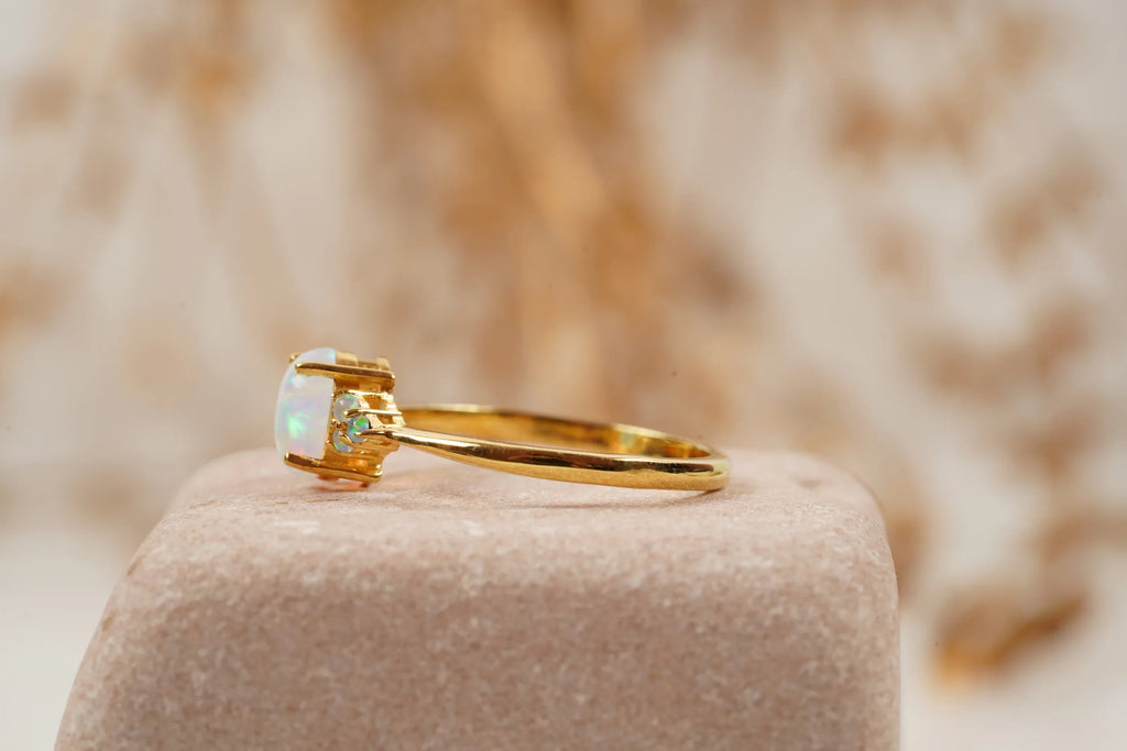 White Opal Oval Cut Engagement Ring October Birthstone - MinimalistJewels