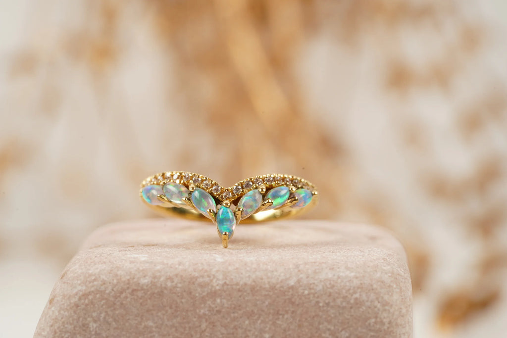 Marquise Cut Fire Opal CZ Diamond Wedding Band - MinimalistJewels