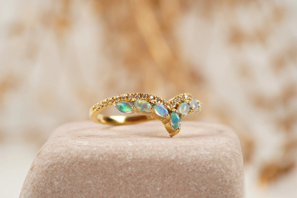 Marquise Cut Fire Opal CZ Diamond Wedding Band - MinimalistJewels