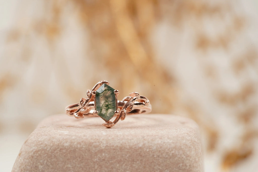 Long Hexagon Cut Moss Agate Leaf Solitaire Ring - MinimalistJewels