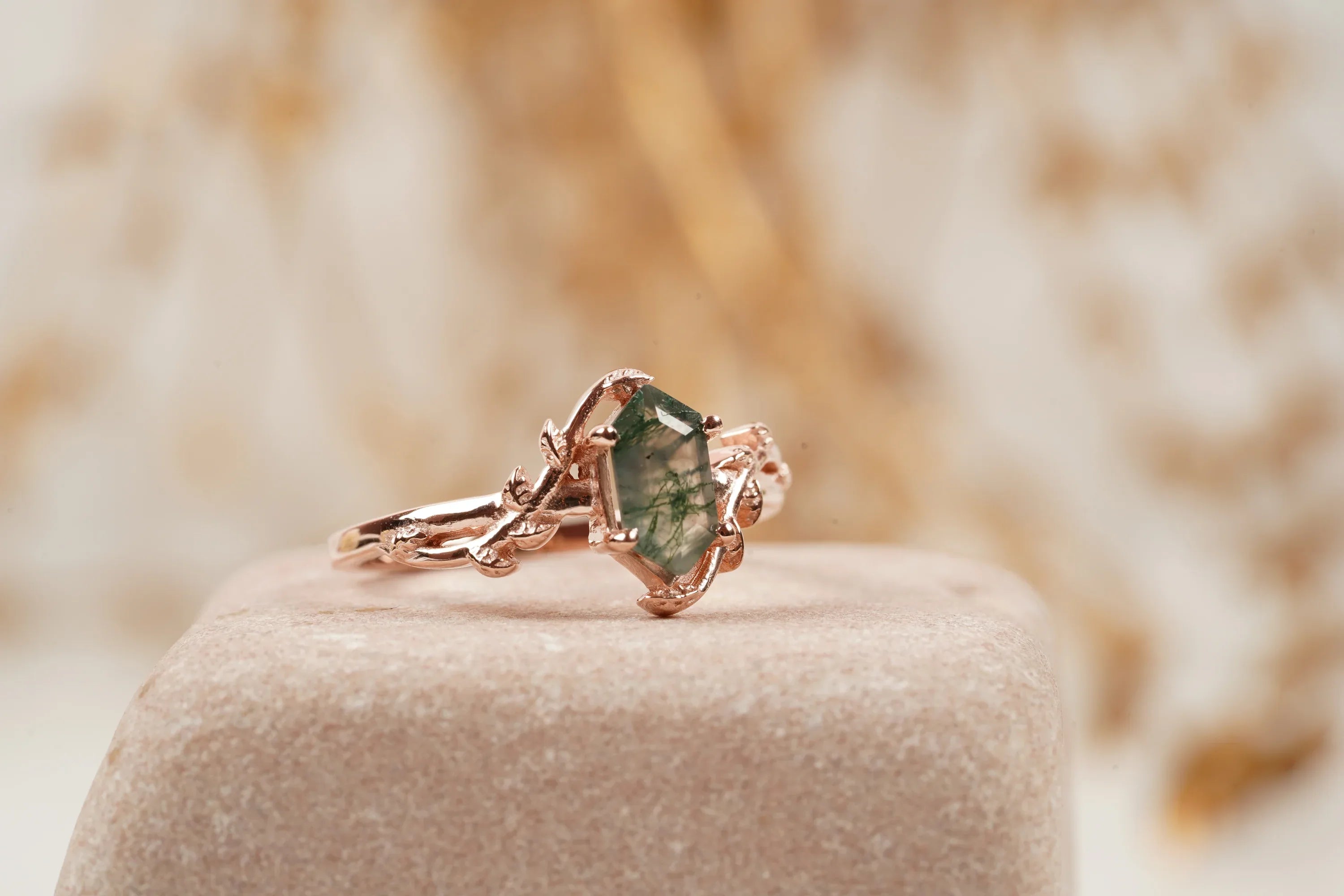 Long Hexagon Cut Moss Agate Leaf Solitaire Ring - MinimalistJewels