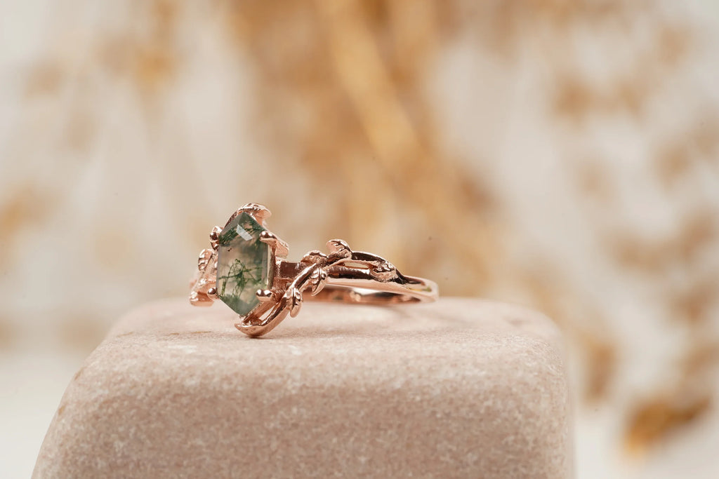 Long Hexagon Cut Moss Agate Leaf Solitaire Ring - MinimalistJewels