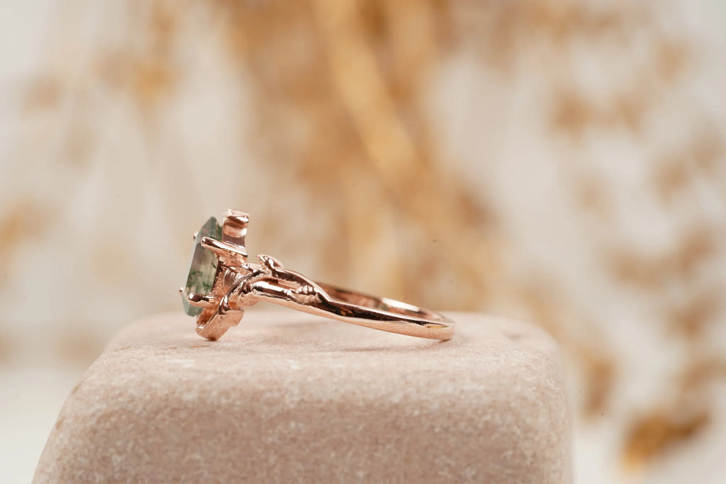 Long Hexagon Cut Moss Agate Leaf Solitaire Ring - MinimalistJewels