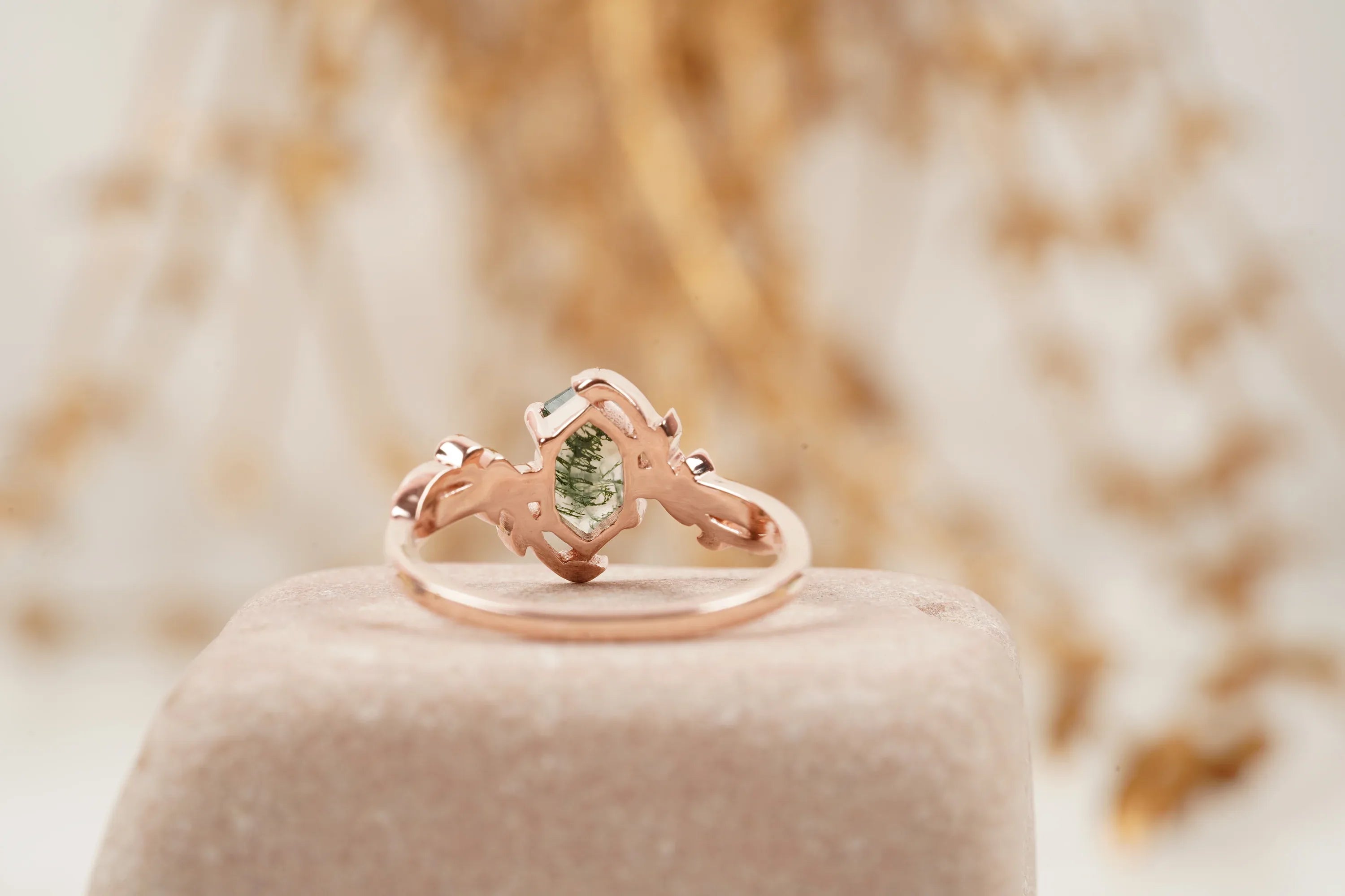 Long Hexagon Cut Moss Agate Leaf Solitaire Ring - MinimalistJewels