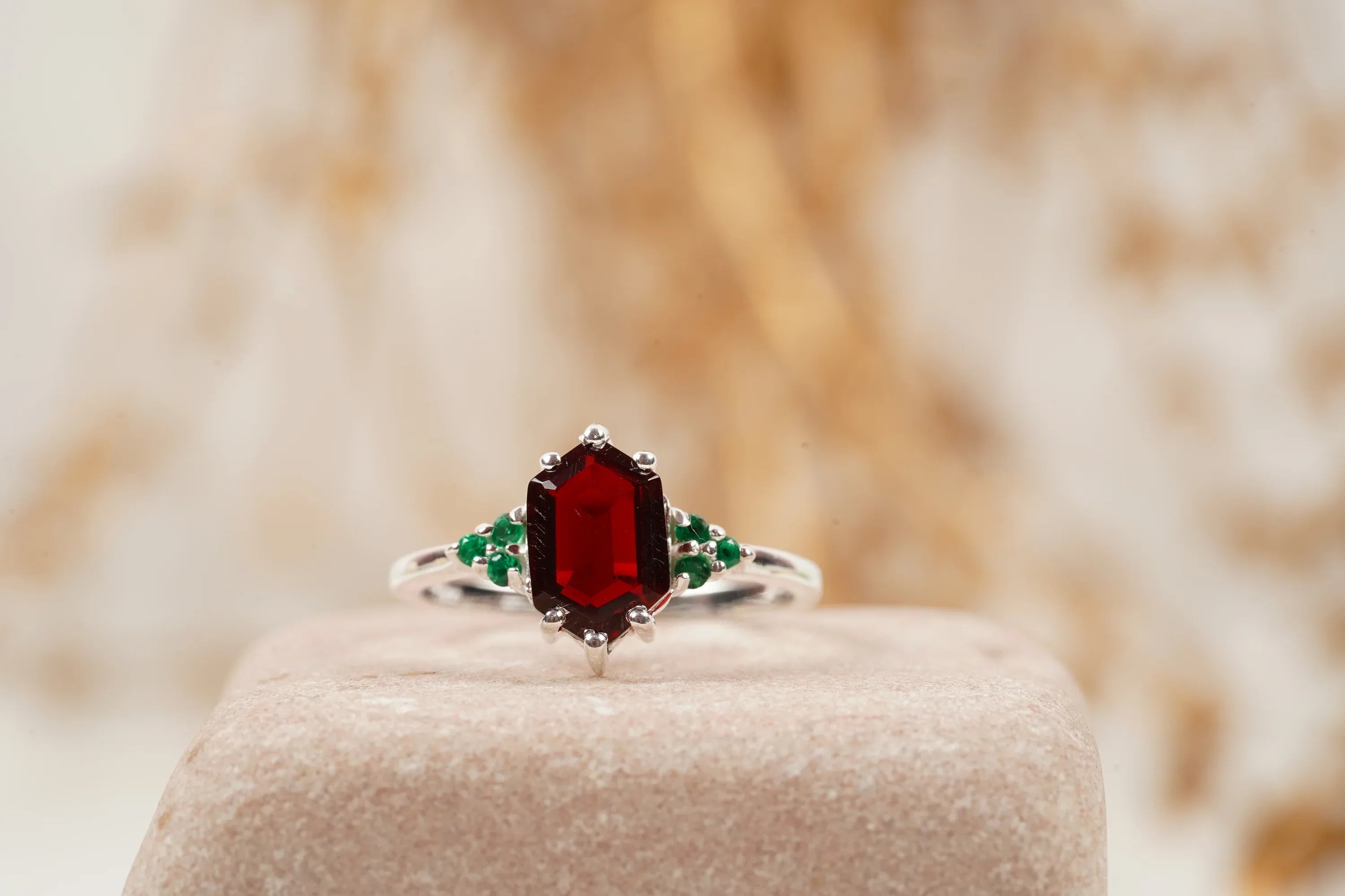 Hexagon Cut Red Garnet Gemstone Cluster Ring - MinimalistJewels