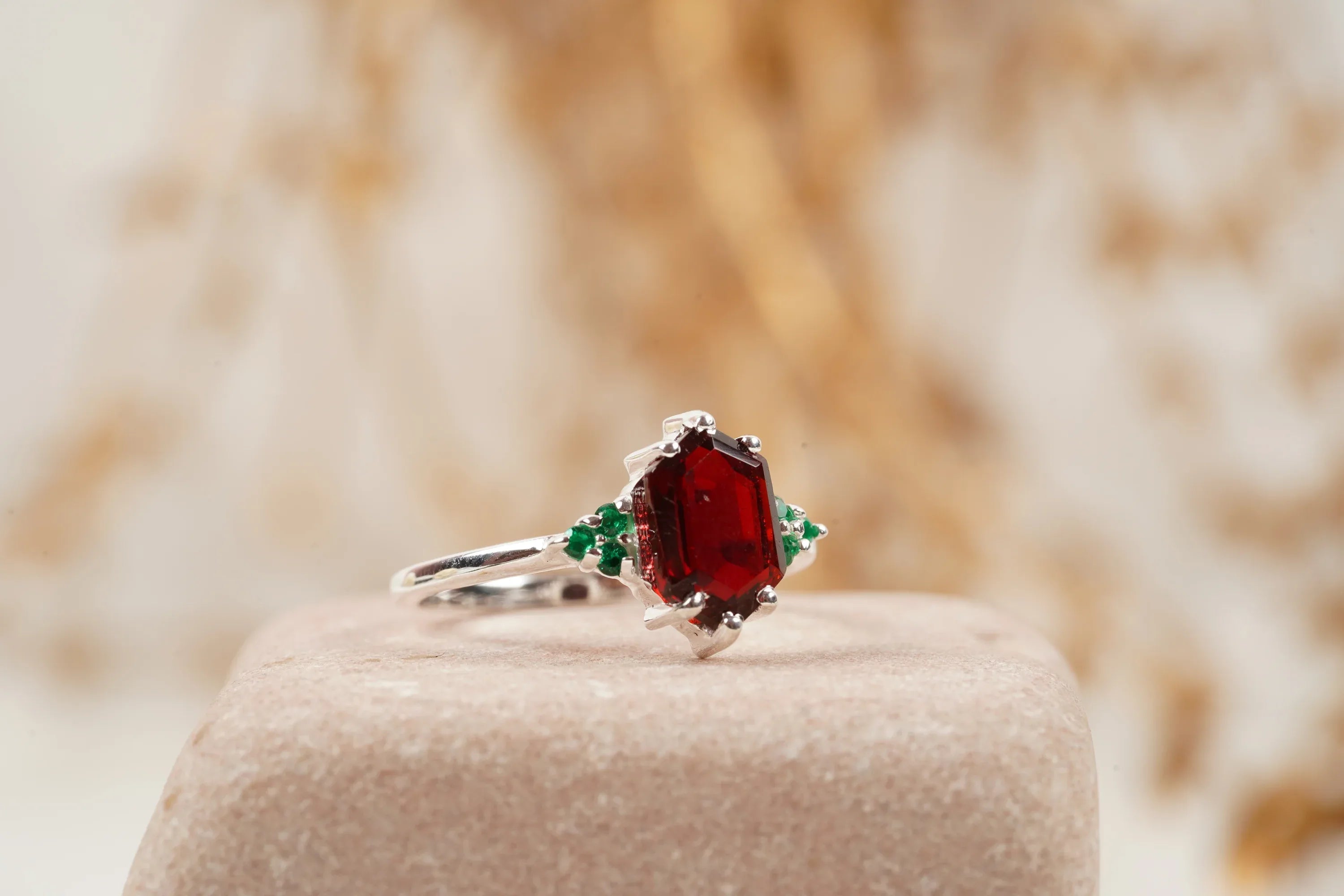 Hexagon Cut Red Garnet Gemstone Cluster Ring - MinimalistJewels