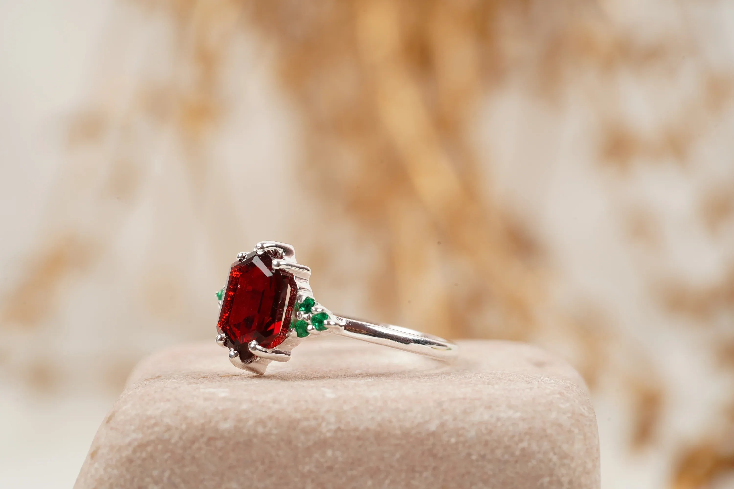 Hexagon Cut Red Garnet Gemstone Cluster Ring - MinimalistJewels