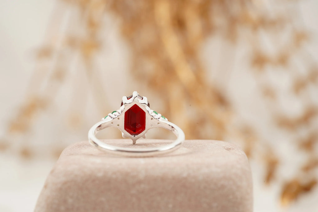 Hexagon Cut Red Garnet Gemstone Cluster Ring - MinimalistJewels