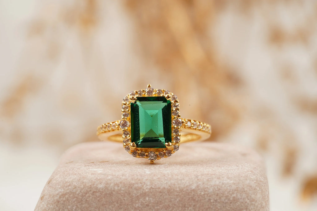 Emerald Cut Cluster Halo Engagement Ring - MinimalistJewels