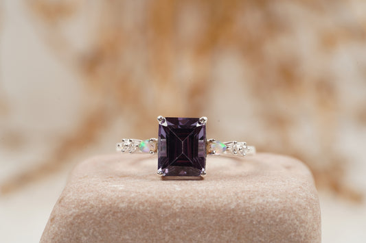 Emerald Cut Alexandrite And Fire Opal Engagement Ring
