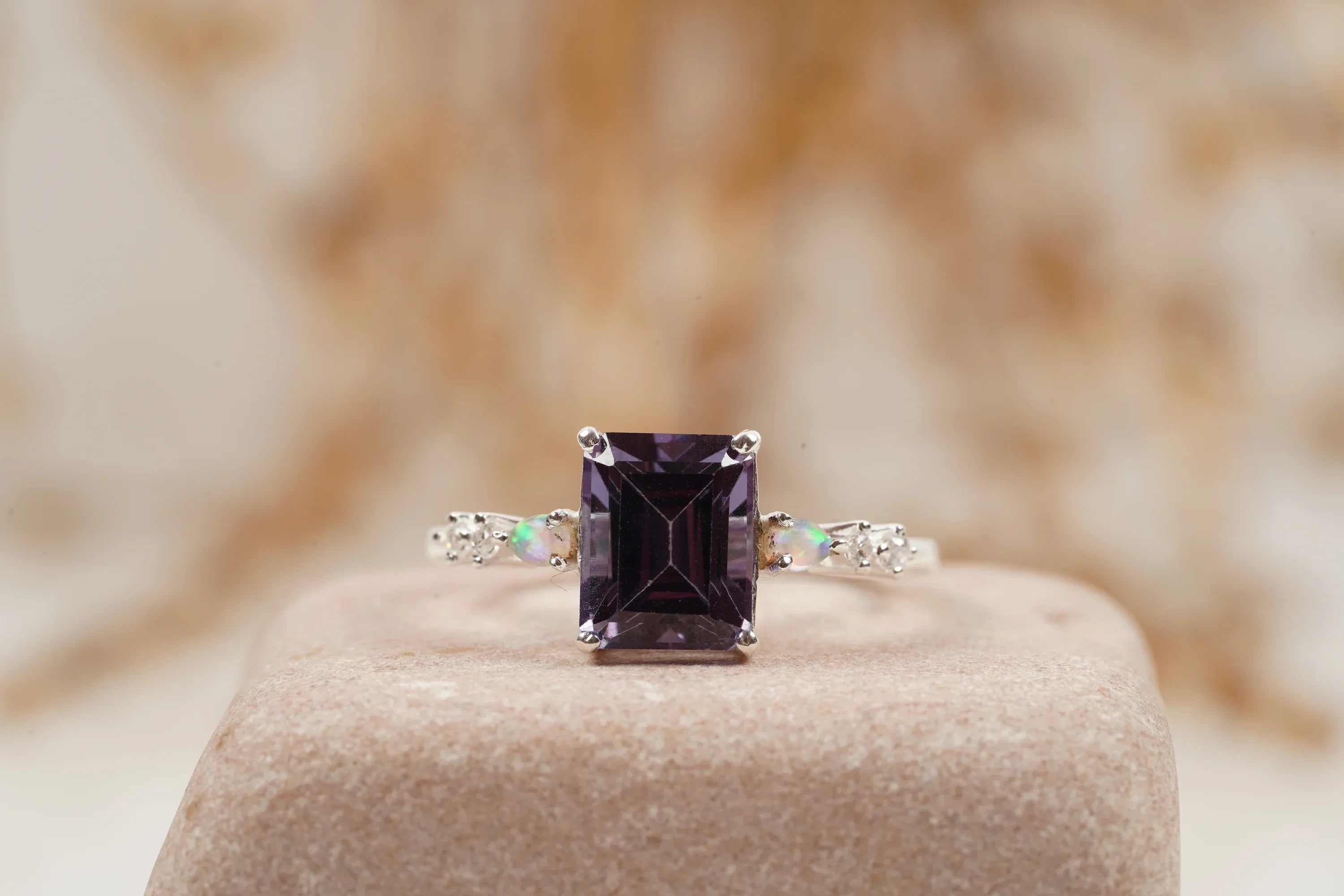 Emerald Cut Alexandrite And Fire Opal Engagement Ring - MinimalistJewels