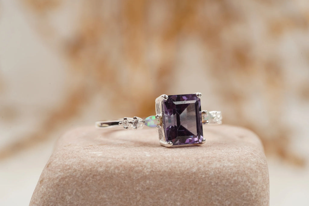 Emerald Cut Alexandrite And Fire Opal Engagement Ring - MinimalistJewels