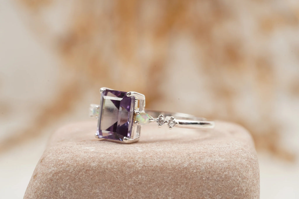 Emerald Cut Alexandrite And Fire Opal Engagement Ring - MinimalistJewels