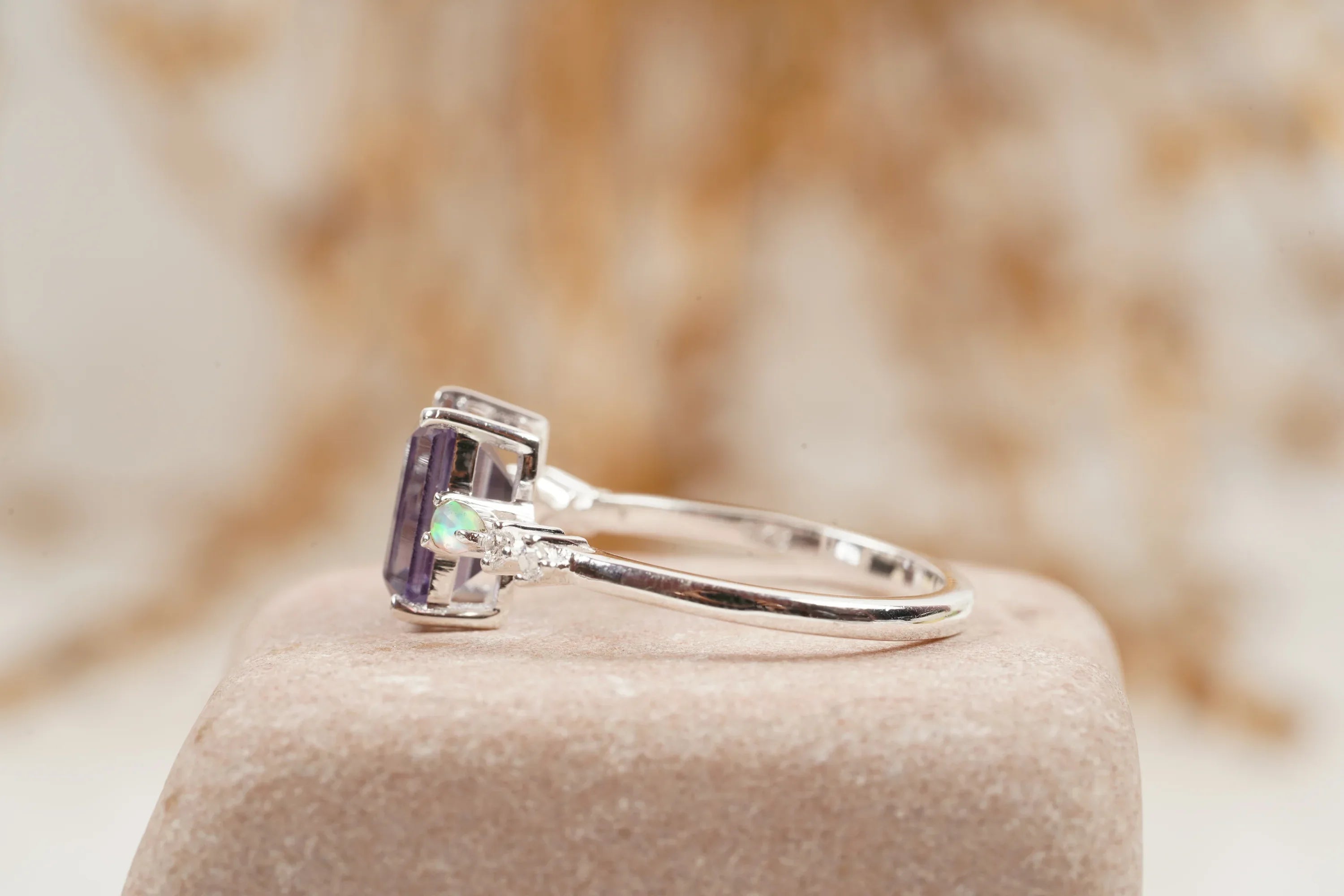 Emerald Cut Alexandrite And Fire Opal Engagement Ring - MinimalistJewels