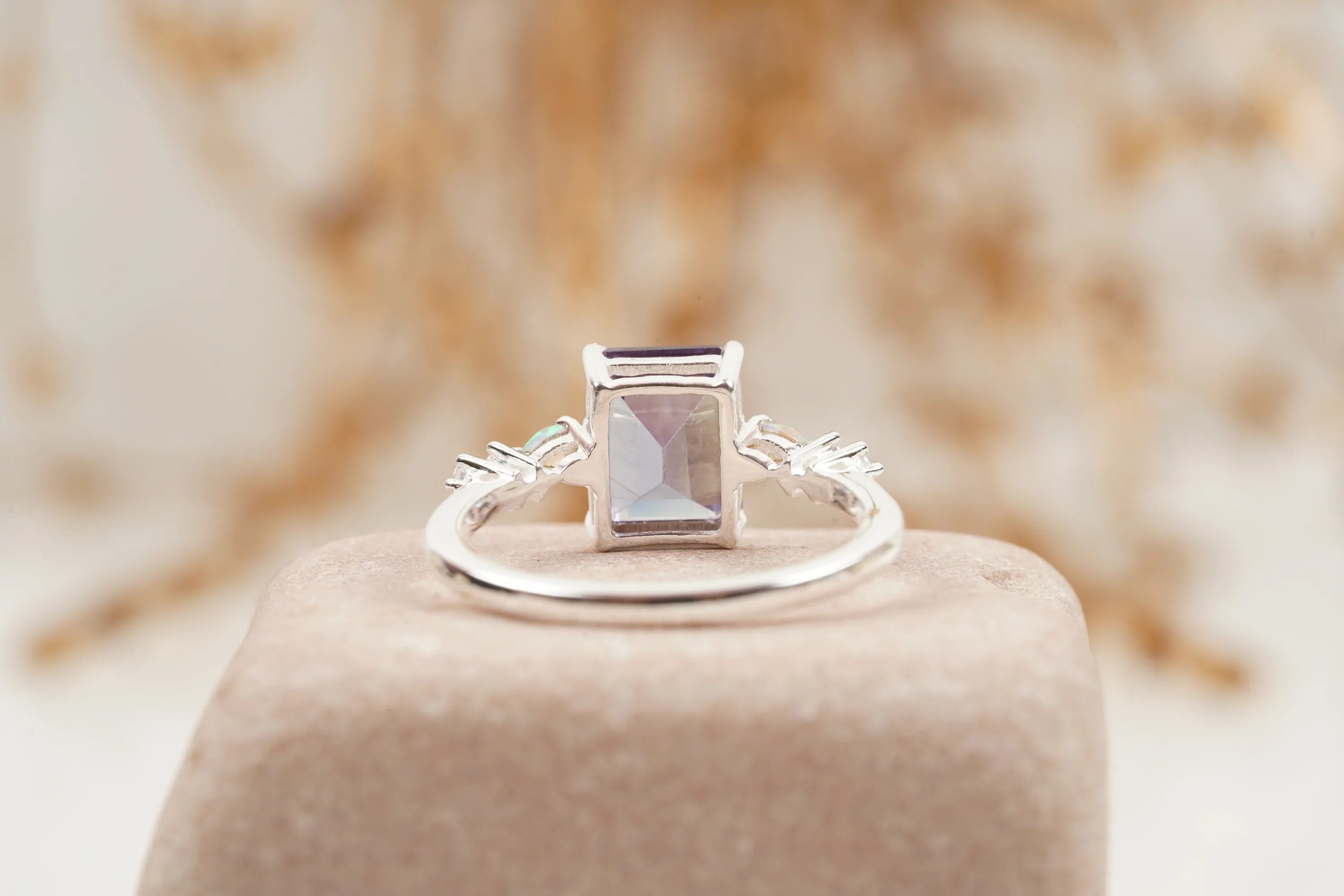 Emerald Cut Alexandrite And Fire Opal Engagement Ring - MinimalistJewels