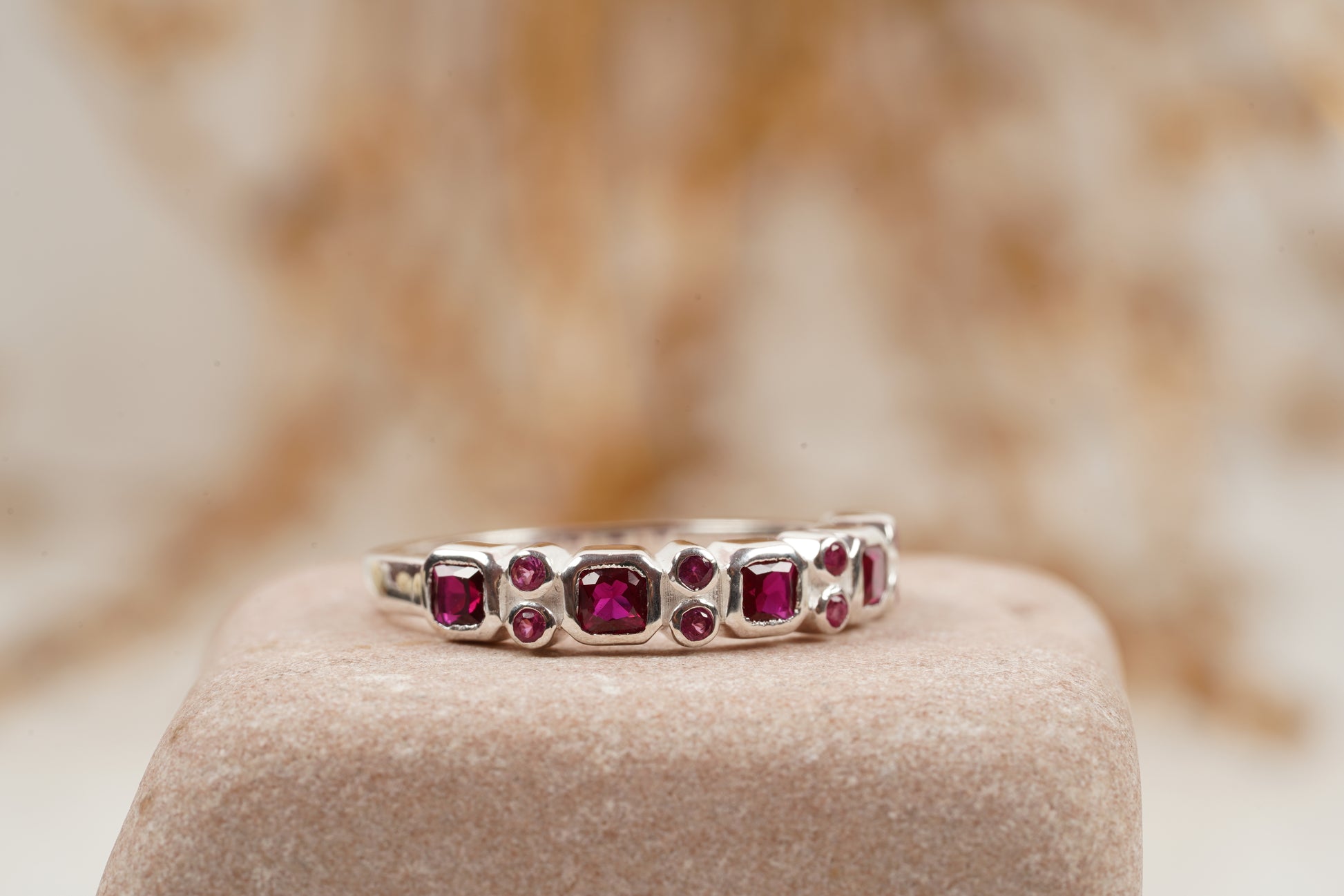 Princess Cut Ruby July Birthstone Wedding Band