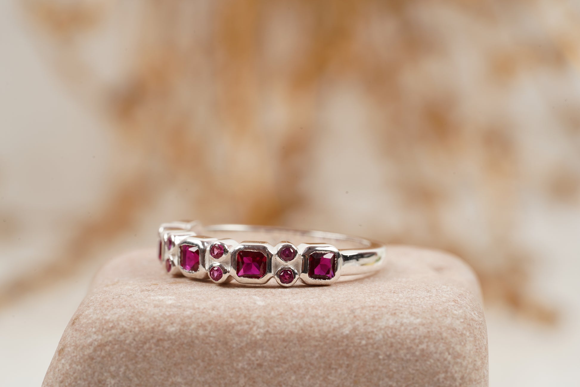 Princess Cut Ruby July Birthstone Wedding Band