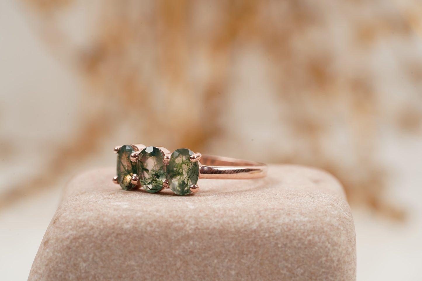 Oval Moss Agate Stacking Ring Three Stone Ring