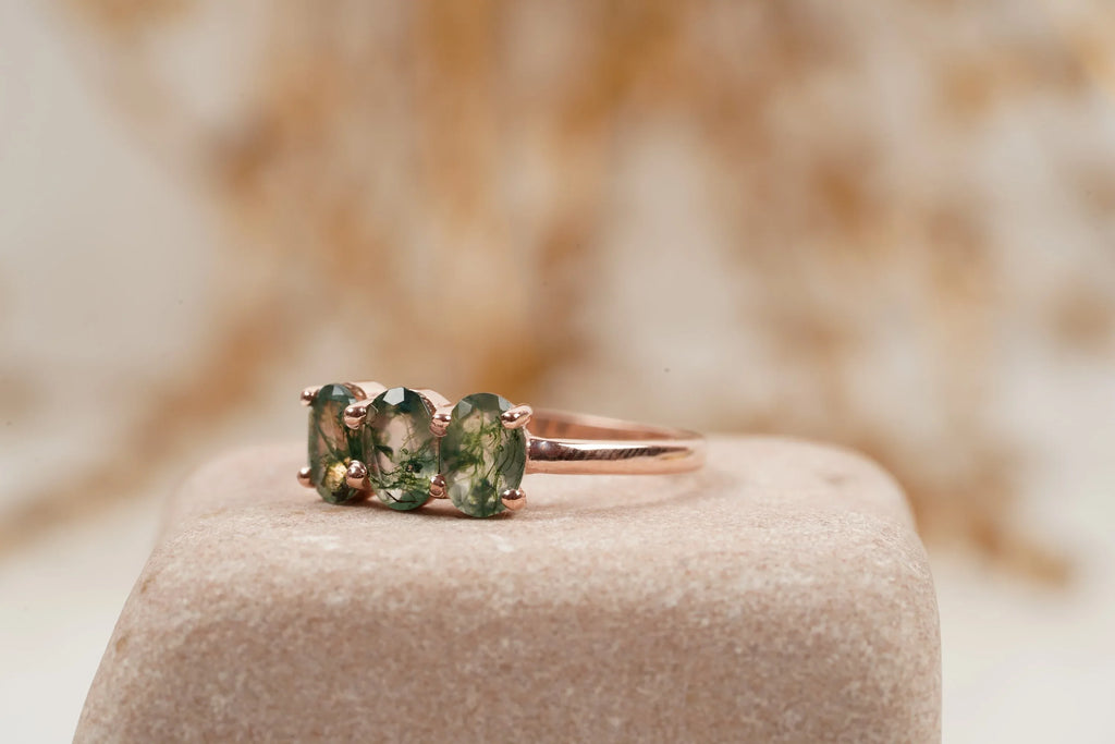 Oval Moss Agate Stacking Ring Three Stone Ring - MinimalistJewels