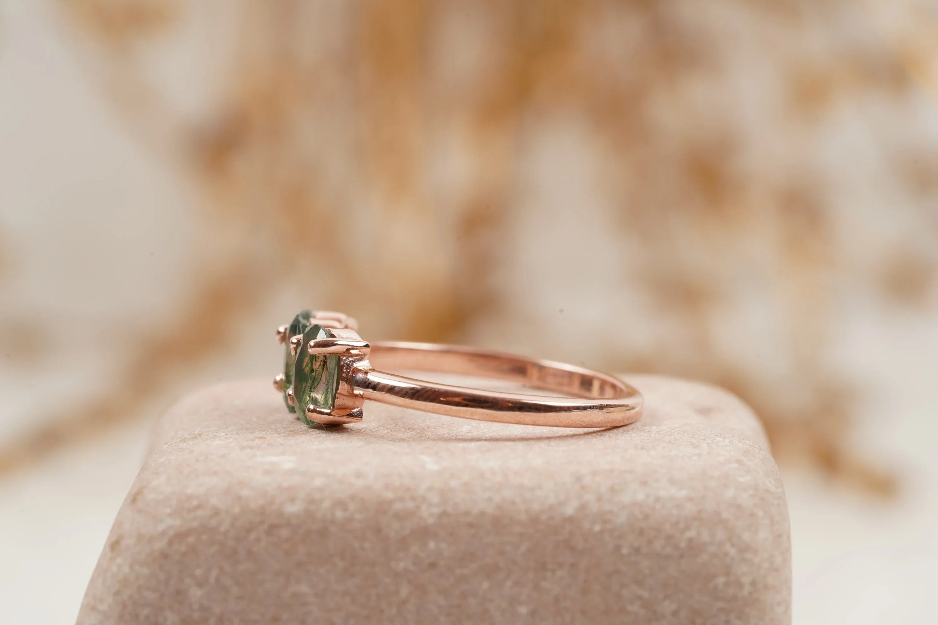 Oval Moss Agate Stacking Ring Three Stone Ring - MinimalistJewels