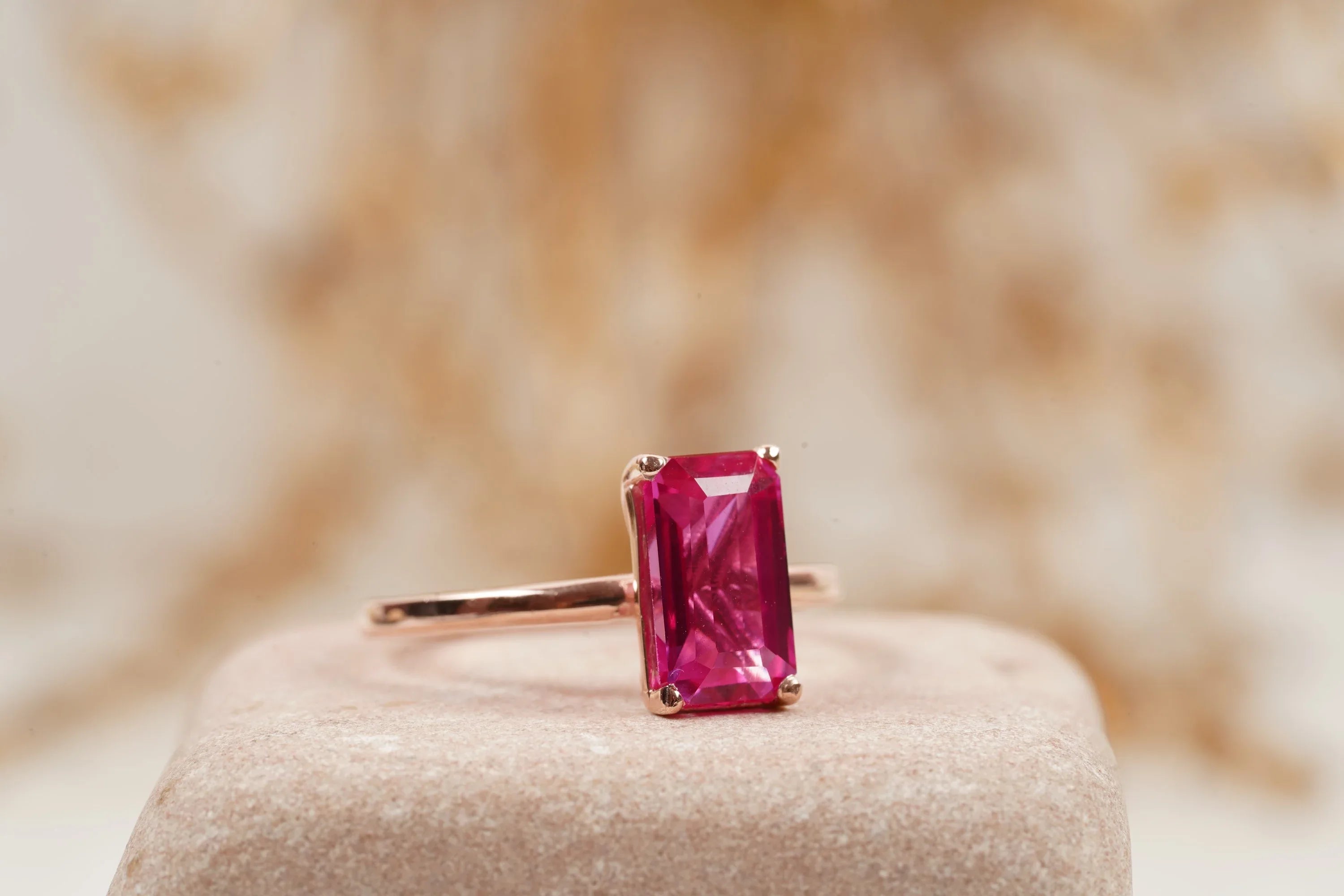 Baguette Ruby Dainty Engagement Ring 14K Rose Gold Ring - MinimalistJewels