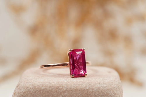 Baguette Ruby Dainty Engagement Ring 14K Rose Gold Ring - MinimalistJewels