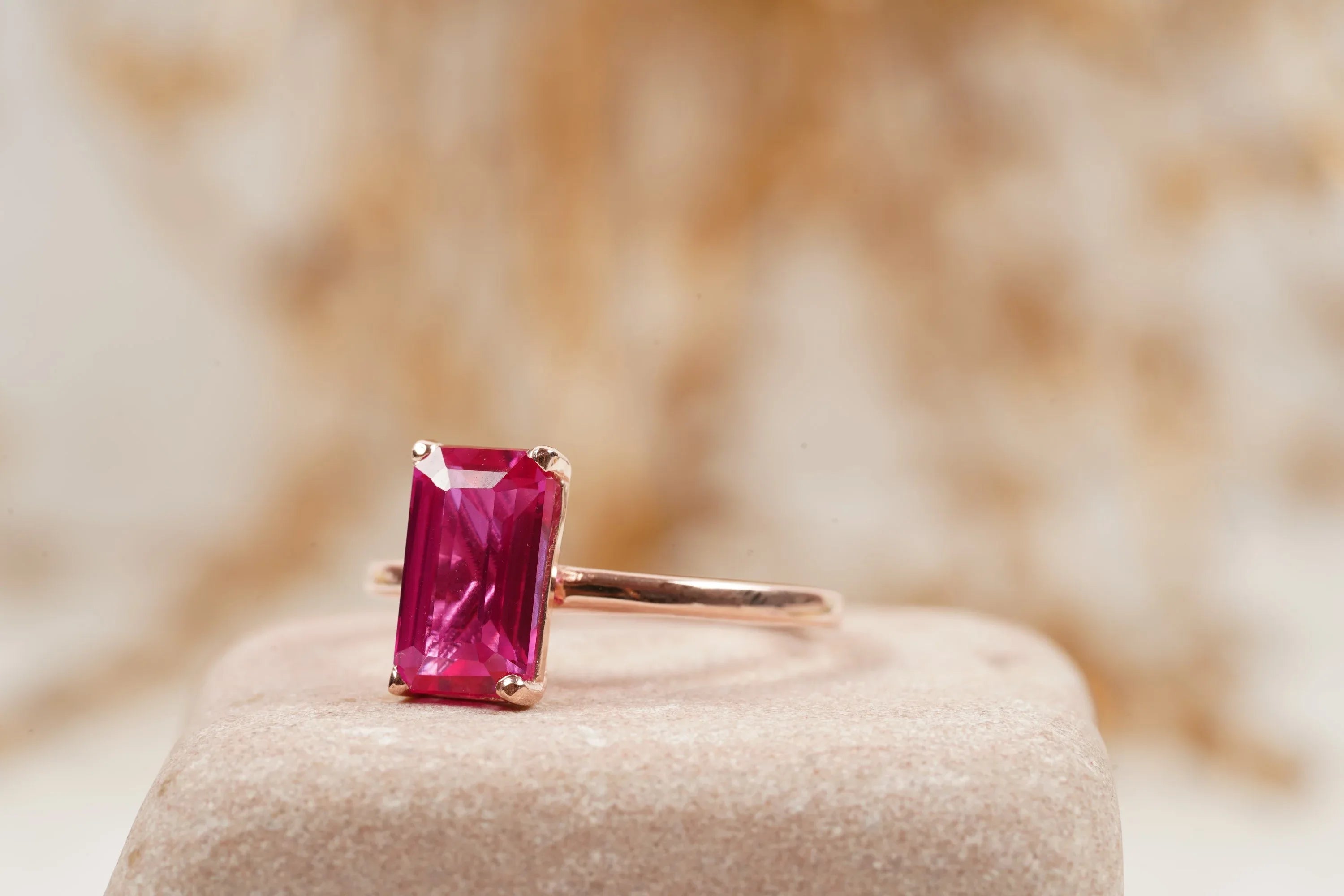 Baguette Ruby Dainty Engagement Ring 14K Rose Gold Ring - MinimalistJewels