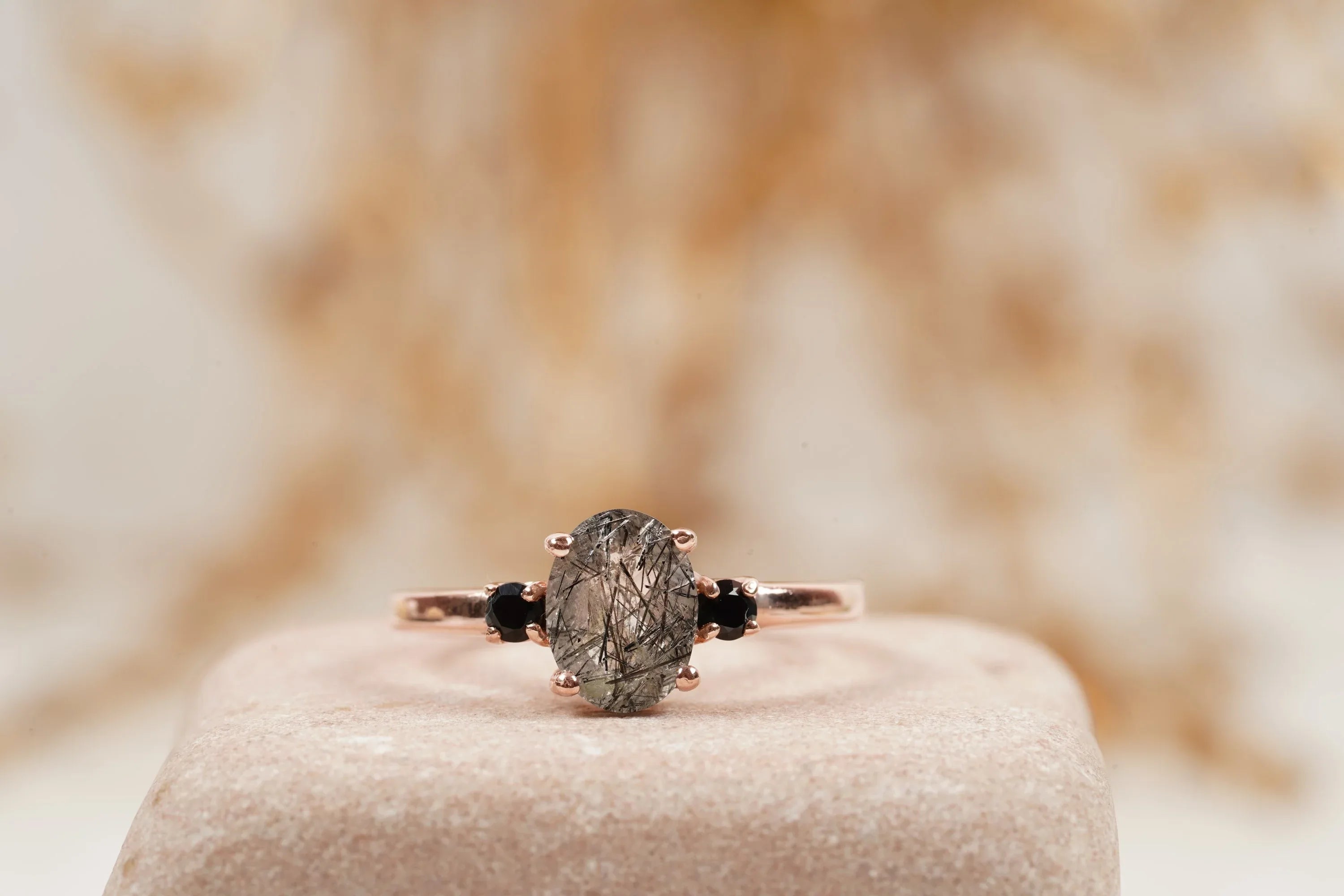 Oval Cut Black Rutile Quartz Engagement Ring 14K Rose Gold - MinimalistJewels