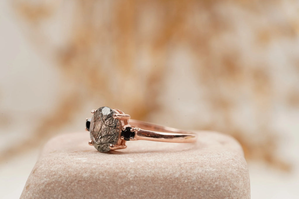 Oval Cut Black Rutile Quartz Engagement Ring 14K Rose Gold - MinimalistJewels