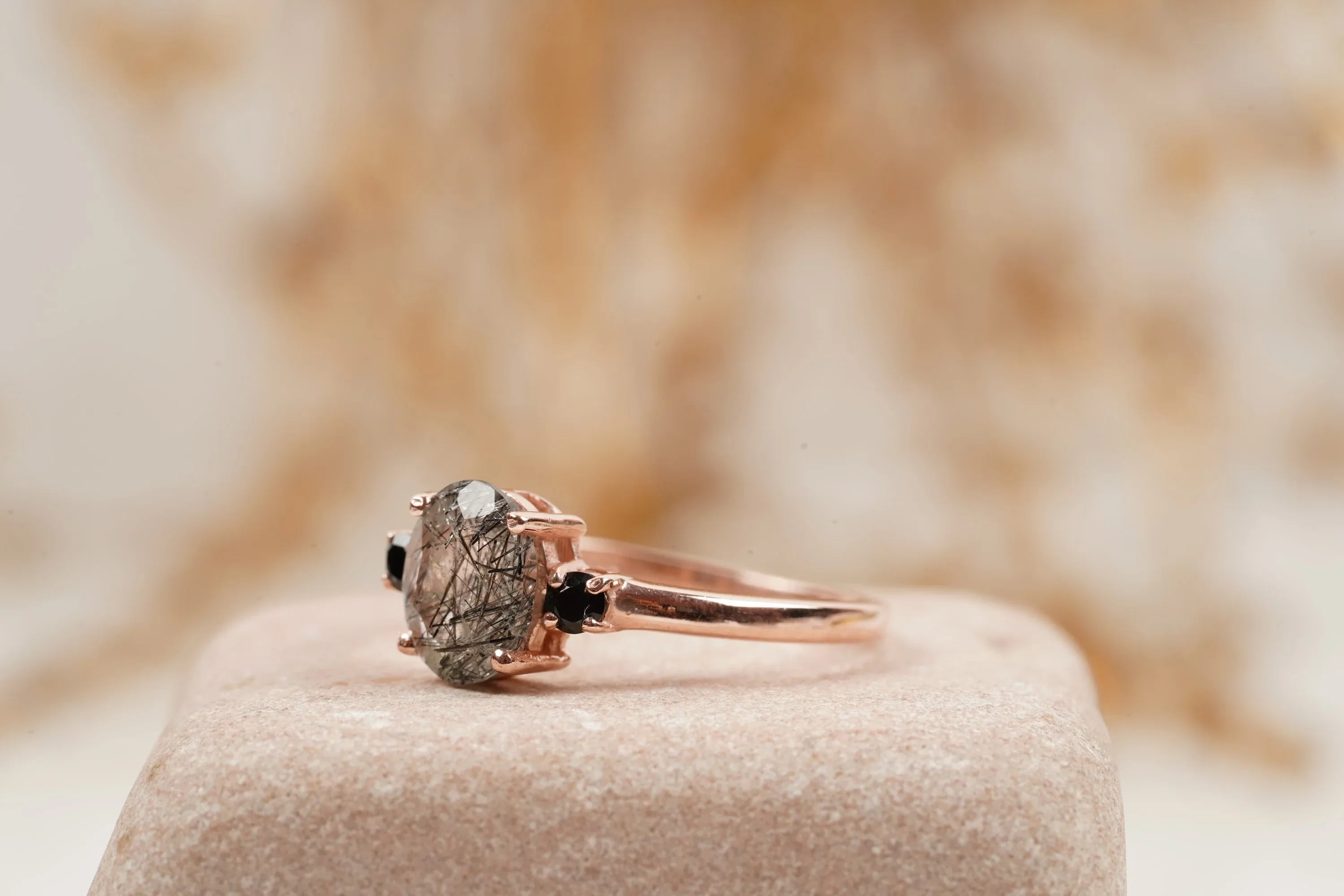 Oval Cut Black Rutile Quartz Engagement Ring 14K Rose Gold - MinimalistJewels