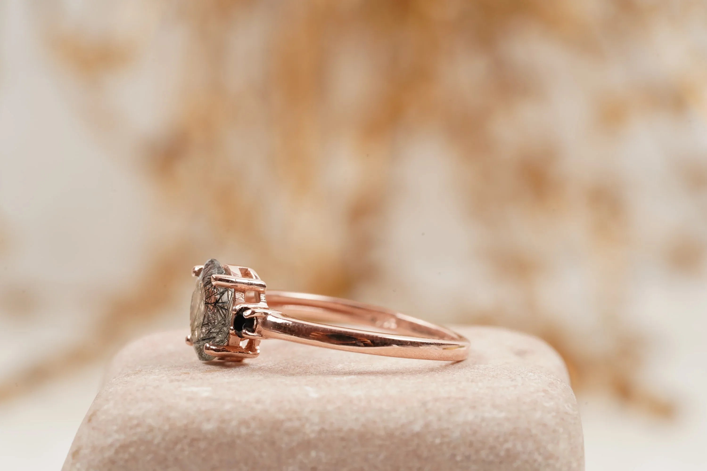Oval Cut Black Rutile Quartz Engagement Ring 14K Rose Gold - MinimalistJewels