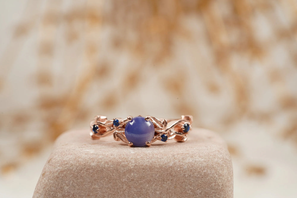 Vintage Star Sapphire Branch Leaf Engagement Ring - MinimalistJewels