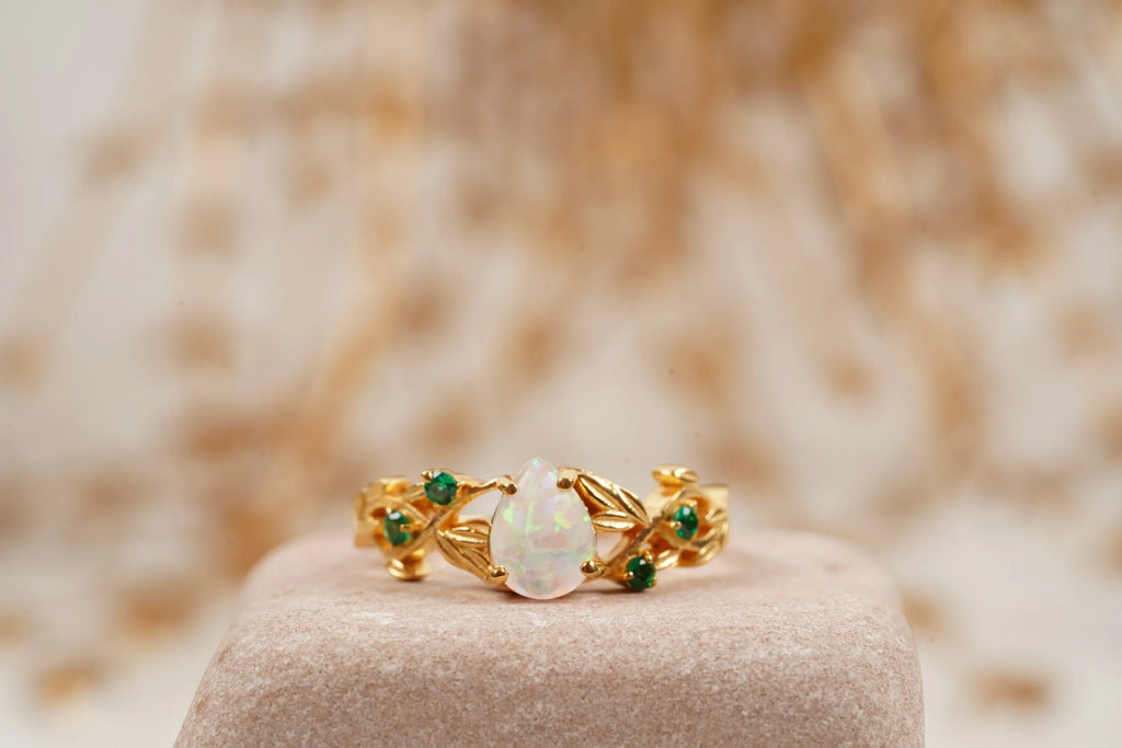Nature Inspired Opal Engagement Ring Set With Leaf Emerald Band - MinimalistJewels
