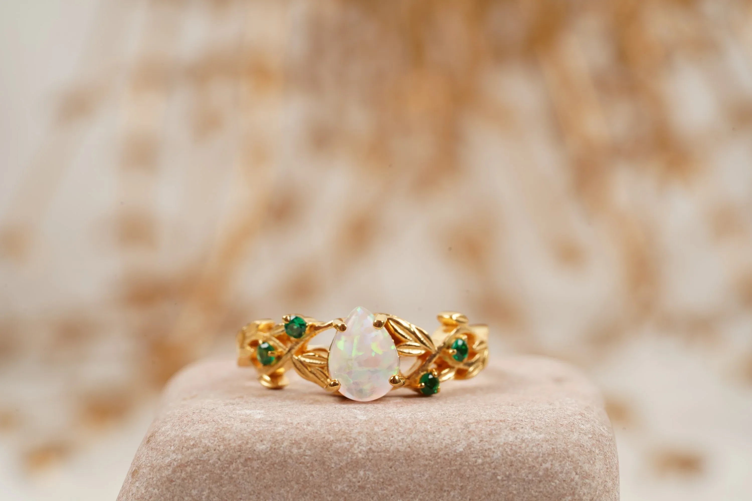 Nature Inspired Opal Engagement Ring Set With Leaf Emerald Band - MinimalistJewels