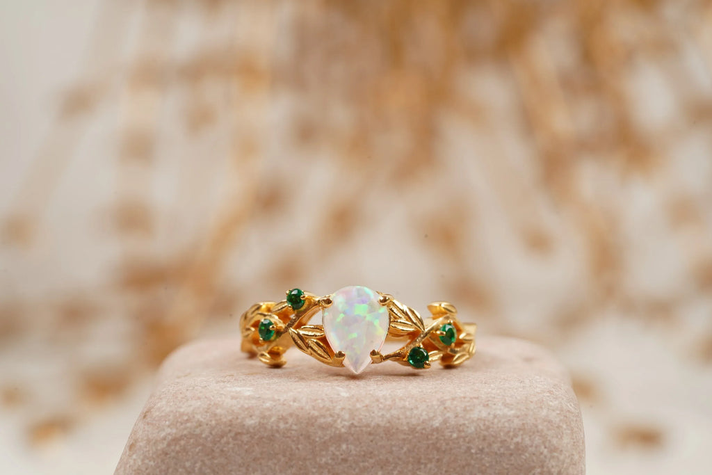 Nature Inspired Opal Engagement Ring Set With Leaf Emerald Band - MinimalistJewels