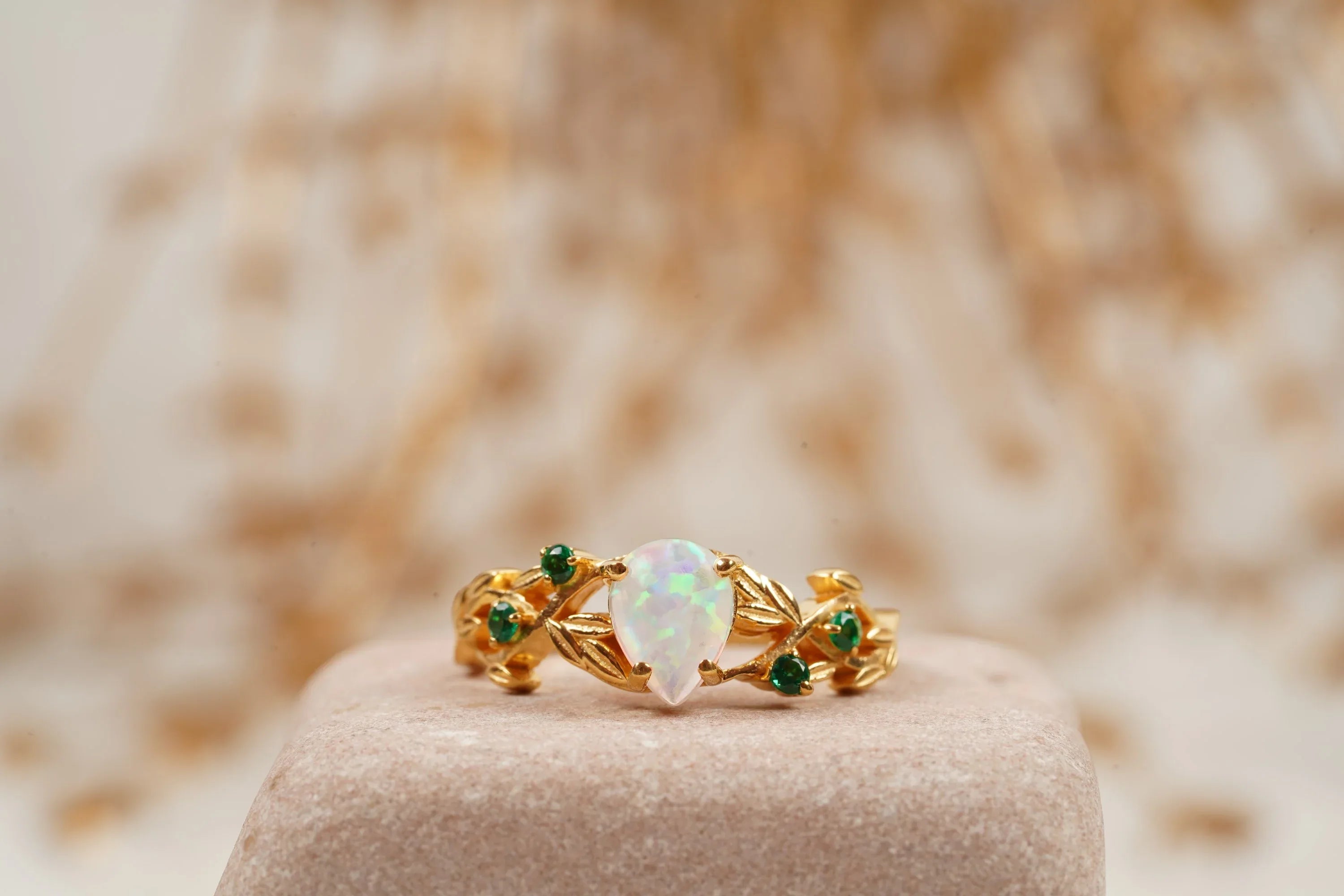 Nature Inspired Opal Engagement Ring Set With Leaf Emerald Band - MinimalistJewels