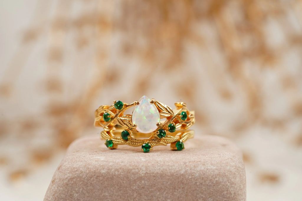Nature Inspired Opal Engagement Ring Set With Leaf Emerald Band - MinimalistJewels