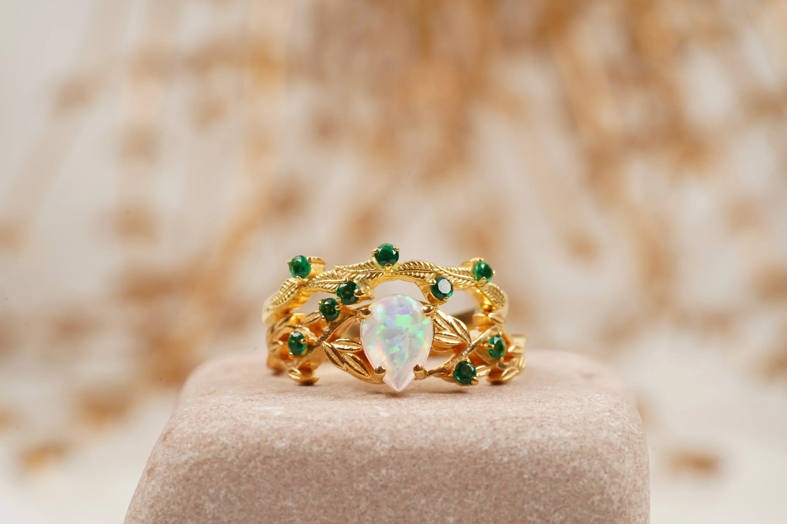 Nature Inspired Opal Engagement Ring Set With Leaf Emerald Band - MinimalistJewels