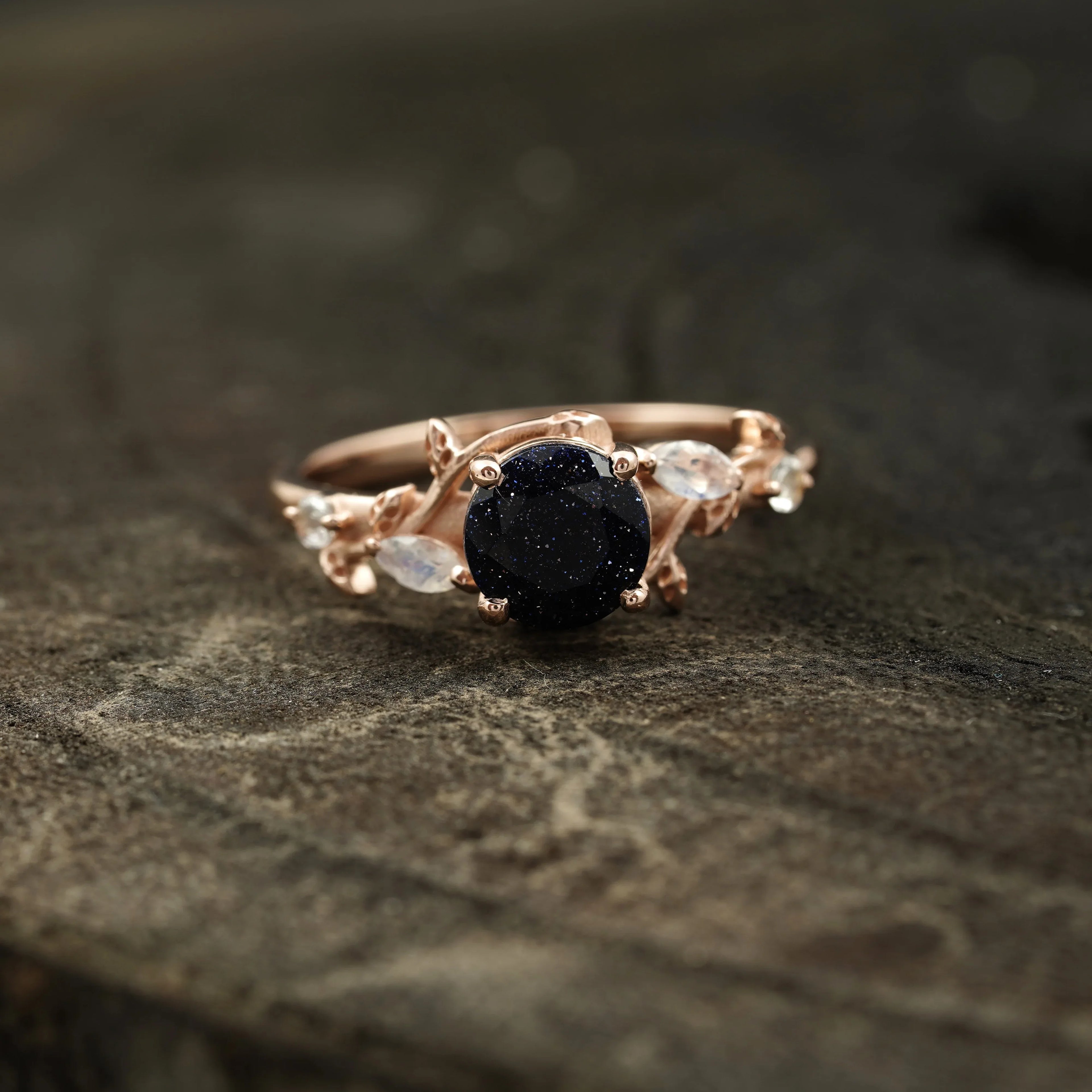Blue Sandstone Leaf Design Engagement Rings - MinimalistJewels