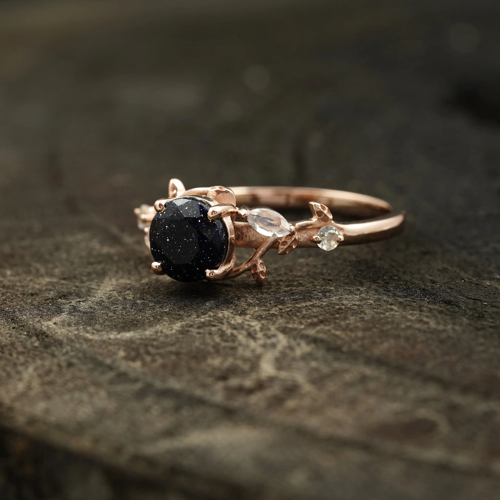 Blue Sandstone Leaf Design Engagement Rings - MinimalistJewels