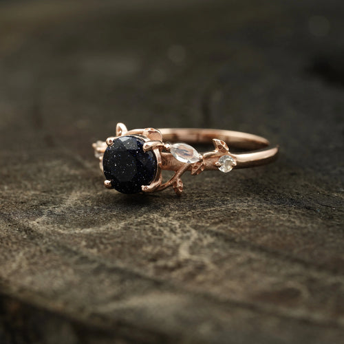 Blue Sandstone Leaf Design Engagement Rings - MinimalistJewels
