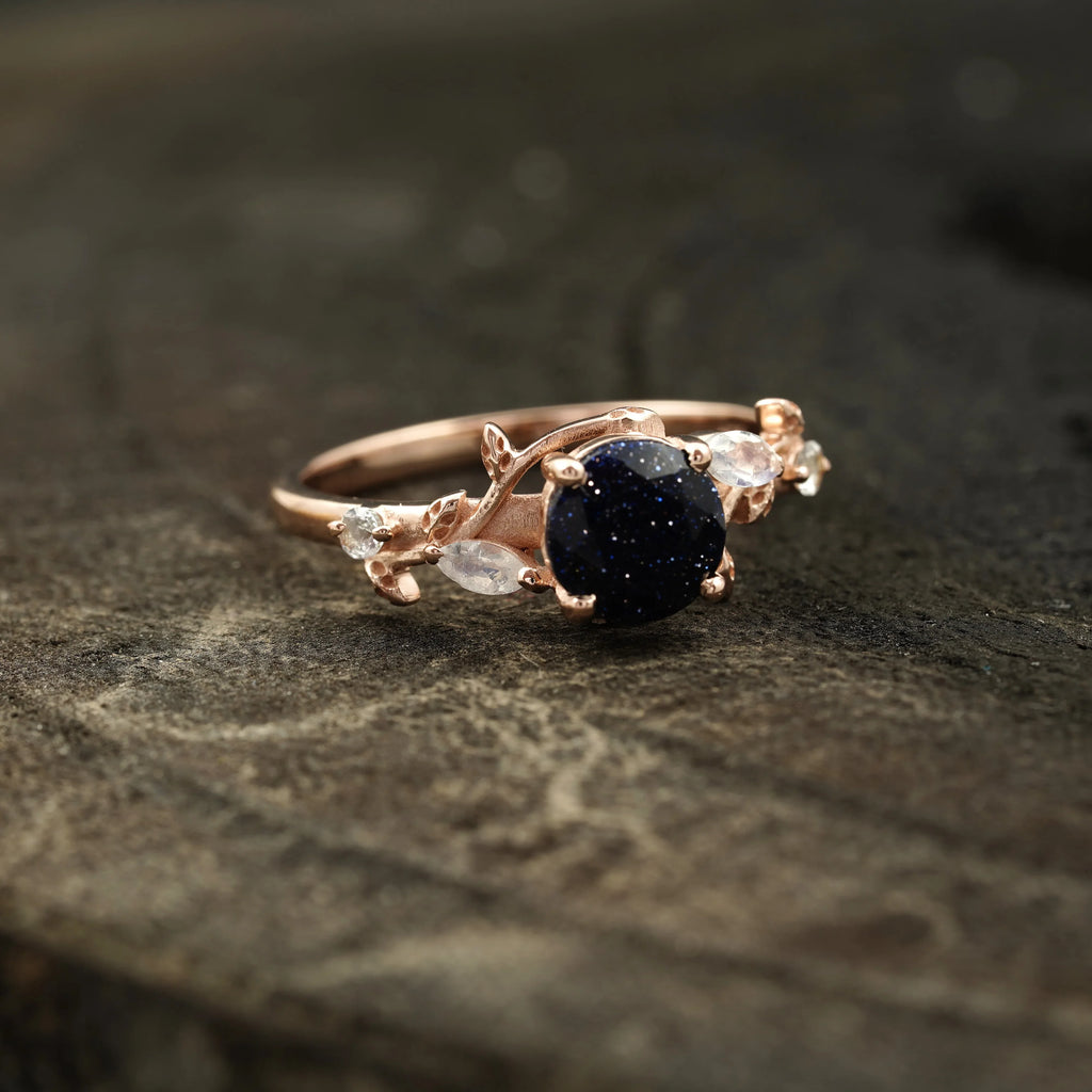 Blue Sandstone Leaf Design Engagement Rings - MinimalistJewels
