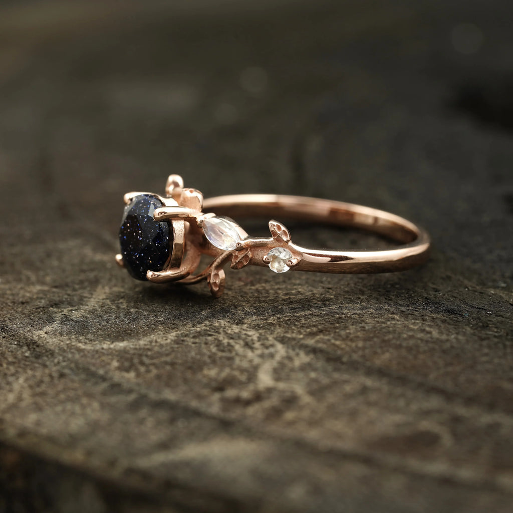 Blue Sandstone Leaf Design Engagement Rings - MinimalistJewels