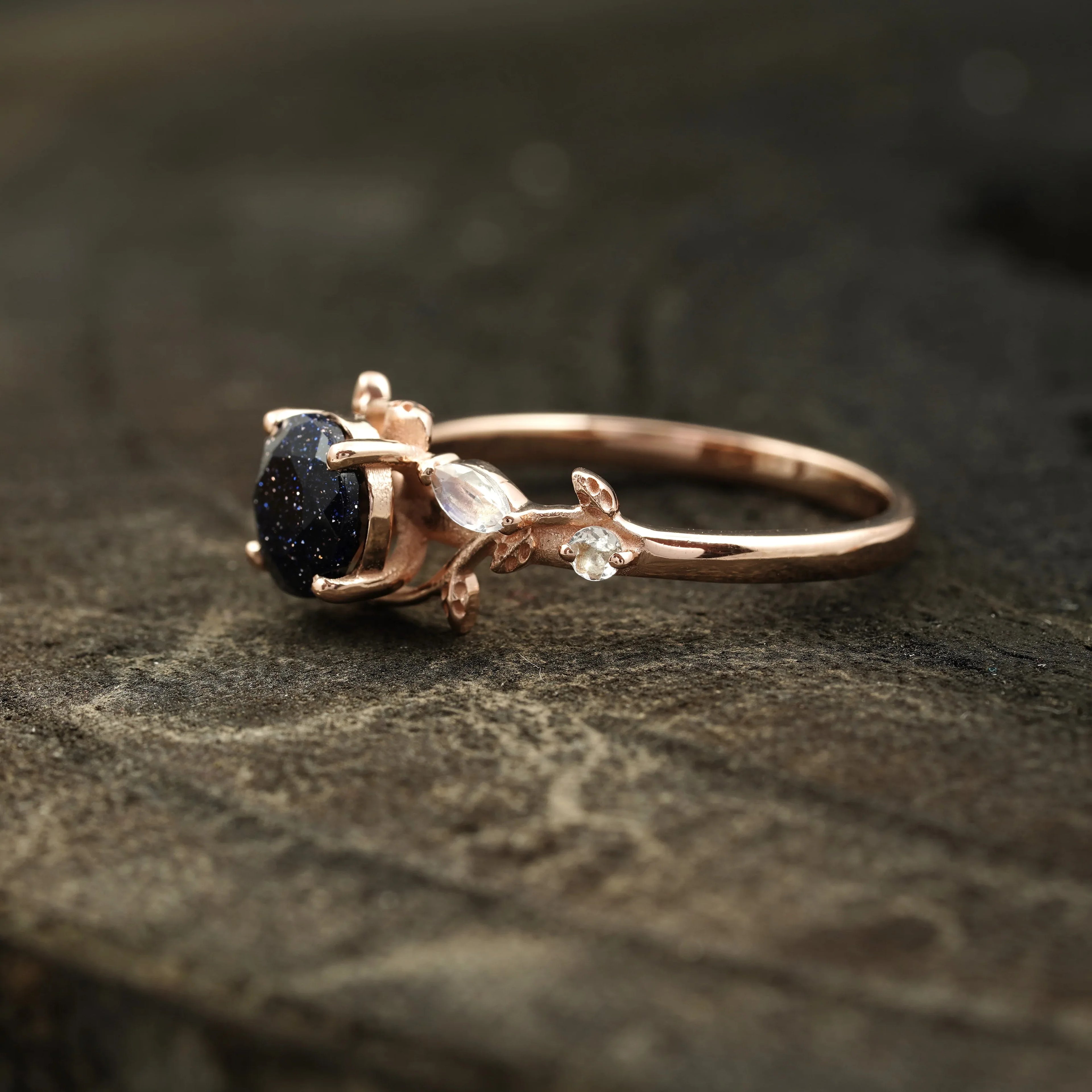 Blue Sandstone Leaf Design Engagement Rings - MinimalistJewels